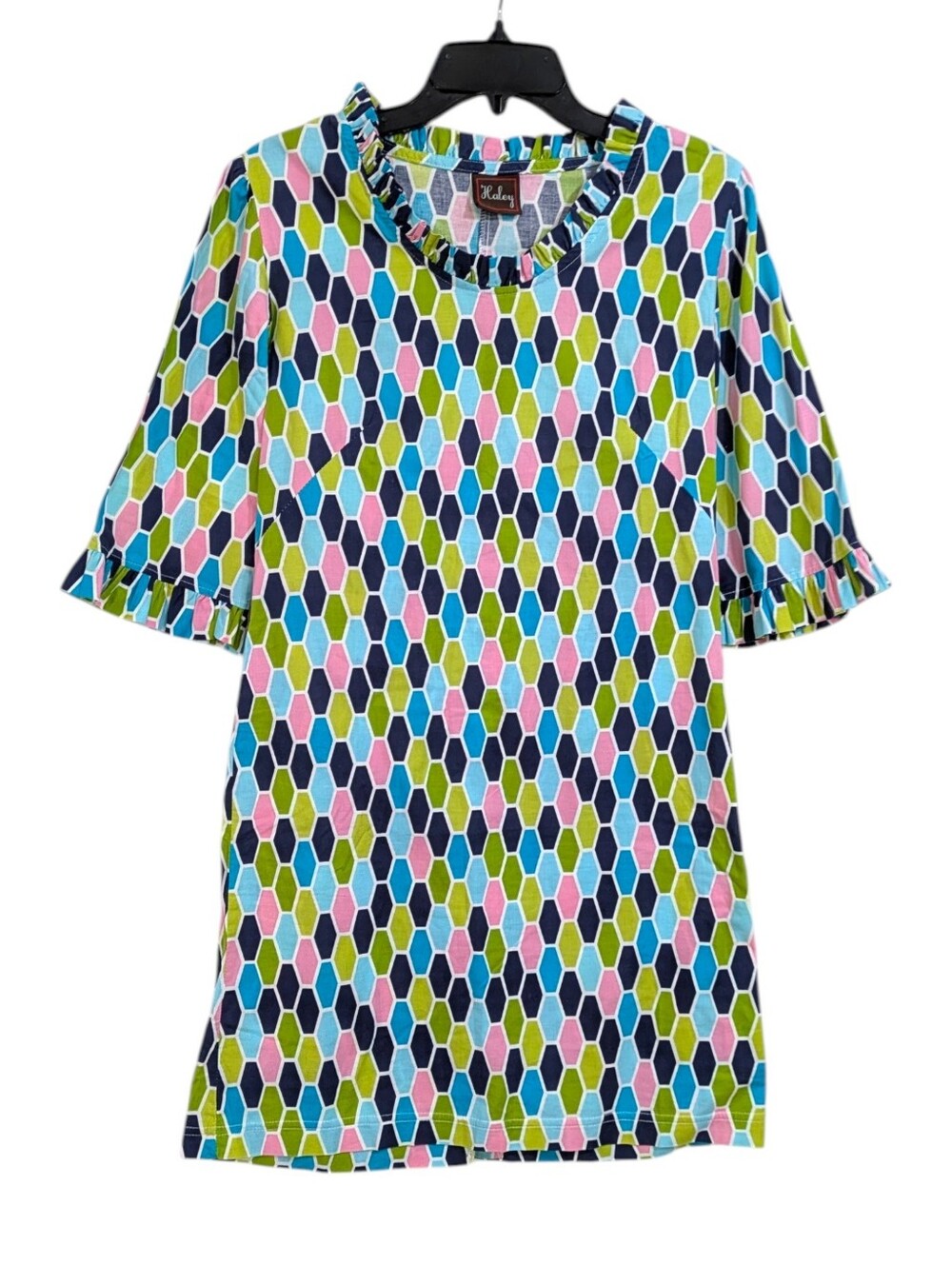 Haley Preppy Geometric Print Ruffle Edged 100% Cotton Shift Dress Size XS Womens
